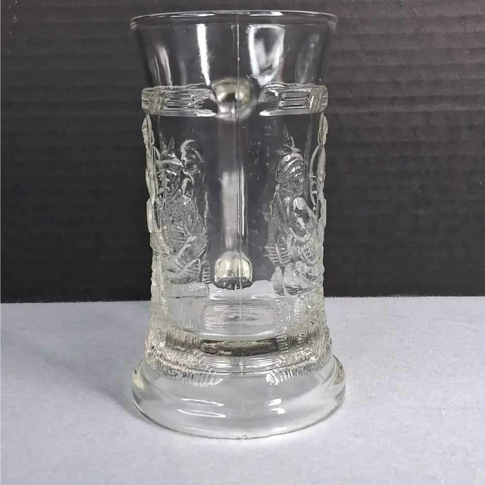 Indiana Glass Tiara Tavern Beer Stein Glass w/ Handle Relief Bar Scene Clear VTG